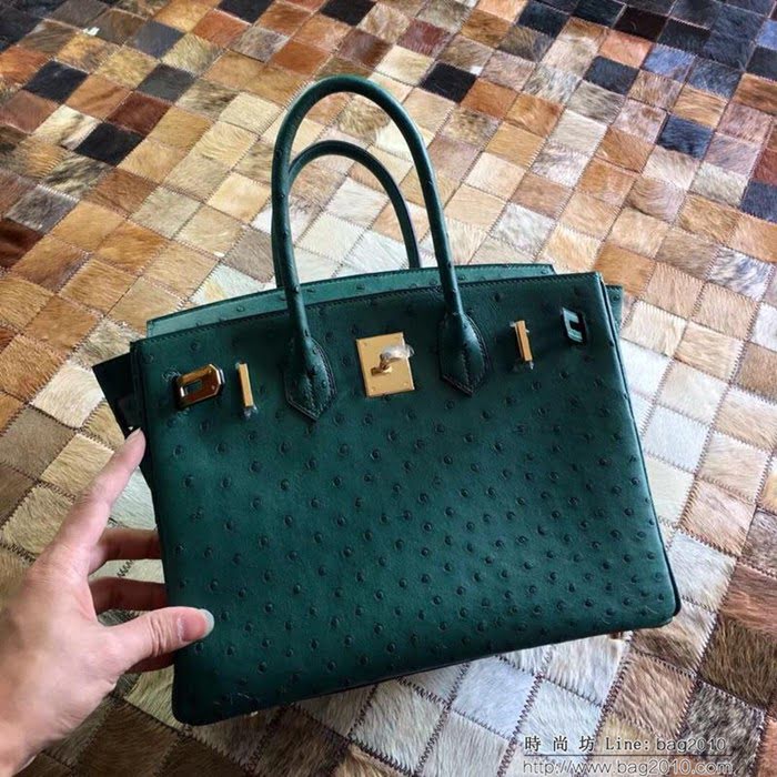 HERMES愛馬仕 鉑金包 Birkin 30 南非原產KK級鴕鳥皮 頂級工藝 叢林綠 手縫蠟線 手提包  Ama1236